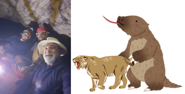 Montagem traz, à esquerda, uma selfie com três homens dentro de uma caverna, e à direita dois desenhos, um de um tigre-dente-de-sabres, e outro de uma preguiça terrestre.