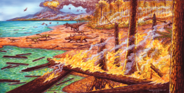 The illustration is a drawing of a paleoenvironmental reconstruction of Antactica in the middle of a large wildfire. There are several dinosaurs, a volcano at the background, and a lot of gimnosperm trunks involved in large yellow and orange flames.