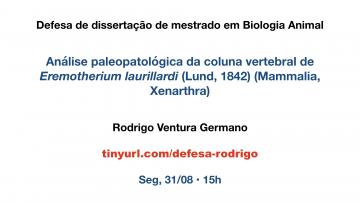 Cartaz de uma defesa. Os textos são, de cima para baixo: LABORATÓRIO DE PALEONTOLOGIA DA UFES. Defesa de dissertação de mestrado em Biologia Animal. Análise paleopatológica da coluna vertebral de Eremotherium laurillardi (Lund, 1842) (Mammalia, Xenarthra). Rodrigo Ventura Germano. tinyurl.com/defesa-rodrigo. Seg, 31/08 • 15h